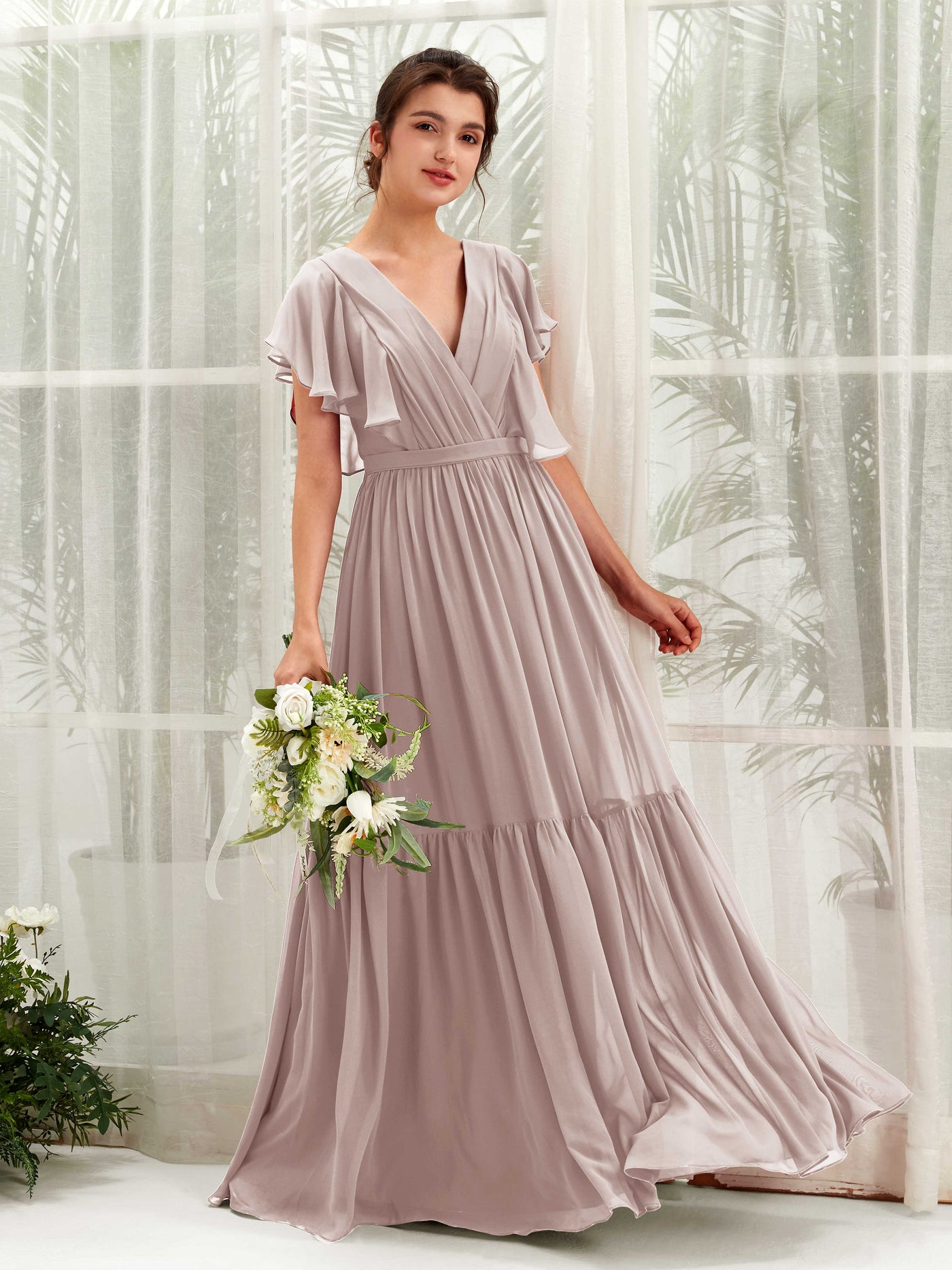 Carlyna A-Linien-Kleid mit V-Ausschnitt Flatterärmel Bodenlang Brautjungfernkleider Taupe #farbe_taupe
