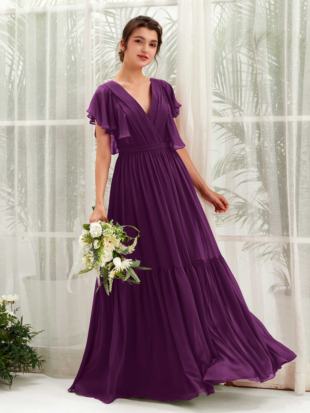 Carlyna A-Linien-Kleid mit V-Ausschnitt Flatterärmel Bodenlang Brautjungfernkleider Traube 