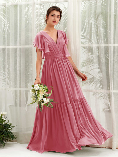 Carlyna A-Linien-Kleid mit V-Ausschnitt Flatterärmel Bodenlang Brautjungfernkleider Wüstenrose #farbe_w-stenrose