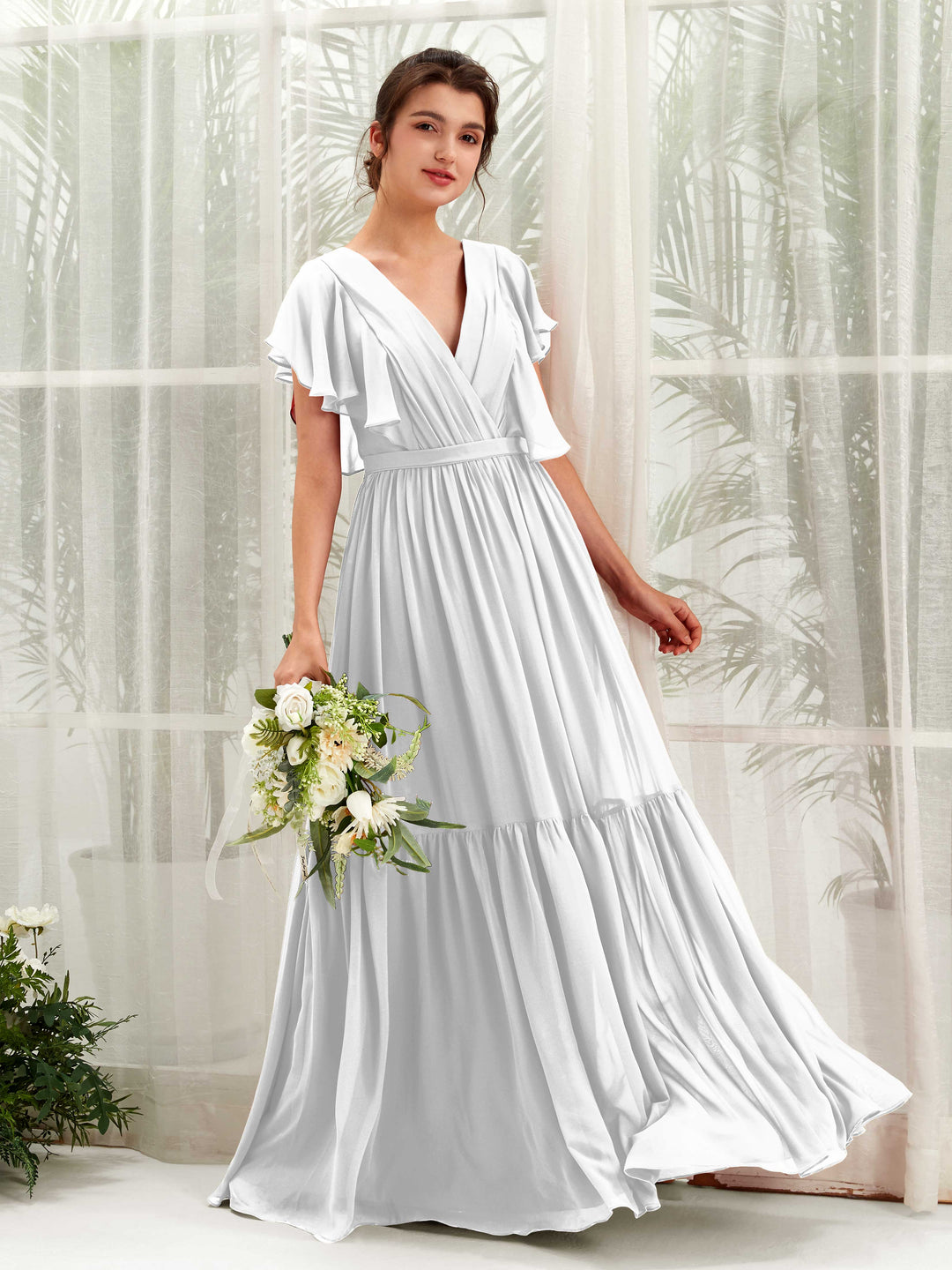 Carlyna A-Linien-Kleid mit V-Ausschnitt Flatterärmel Bodenlang Brautjungfernkleider Weiß 