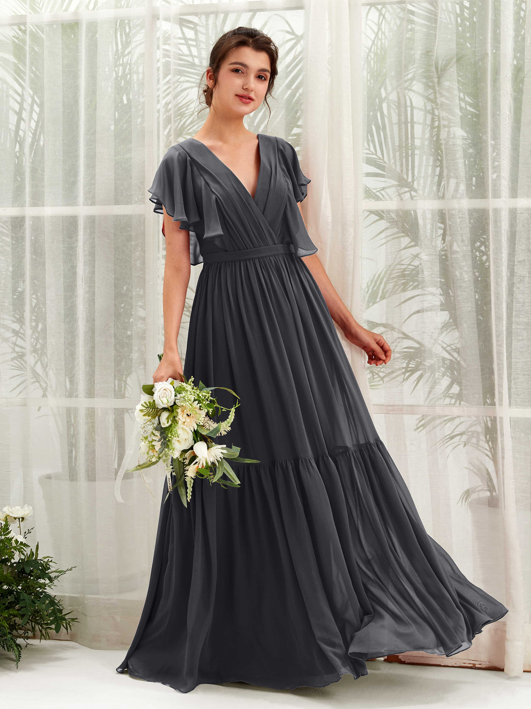 Carlyna A-Linien-Kleid mit V-Ausschnitt Flatterärmel Bodenlang Brautjungfernkleider Zinnfarben 