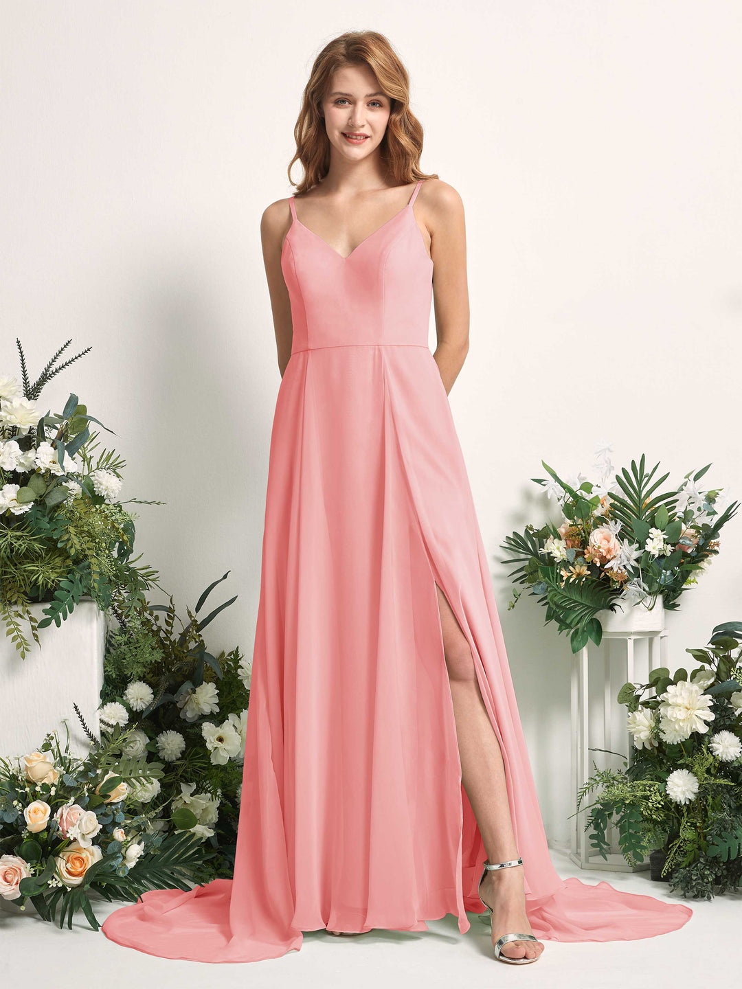 Carlyna A-Linien-Kleid mit V-Ausschnitt und Beinschlitz Bodenlang Brautjungfernkleid Ballettrosa 