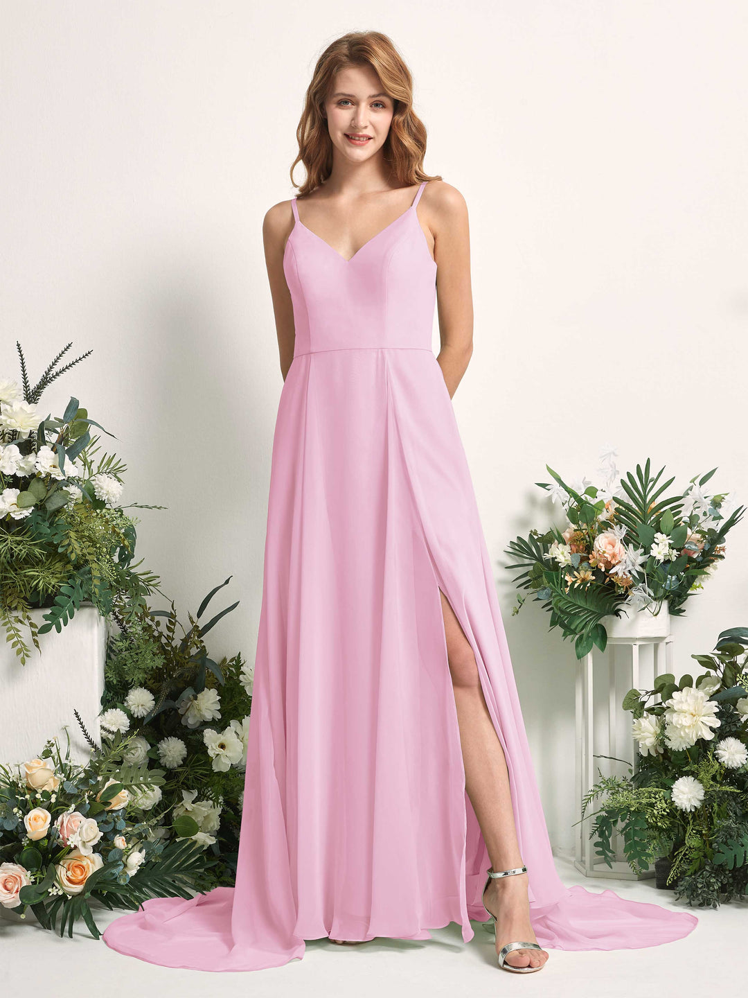 Carlyna A-Linien-Kleid mit V-Ausschnitt und Beinschlitz Bodenlang Brautjungfernkleid Bonbonrosa 