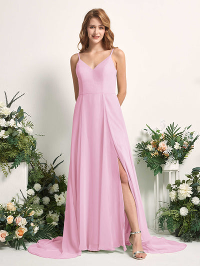 Carlyna A-Linien-Kleid mit V-Ausschnitt und Beinschlitz Bodenlang Brautjungfernkleid Bonbonrosa #farbe_bonbonrosa
