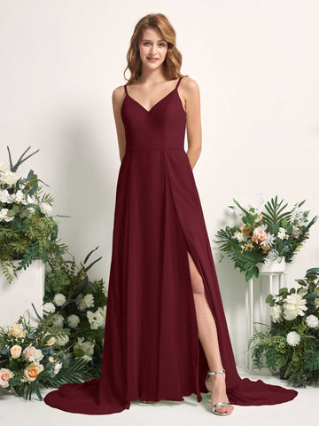 Carlyna A-Linien-Kleid mit V-Ausschnitt und Beinschlitz Bodenlang Brautjungfernkleid Burgunderrot #farbe_burgunderrot