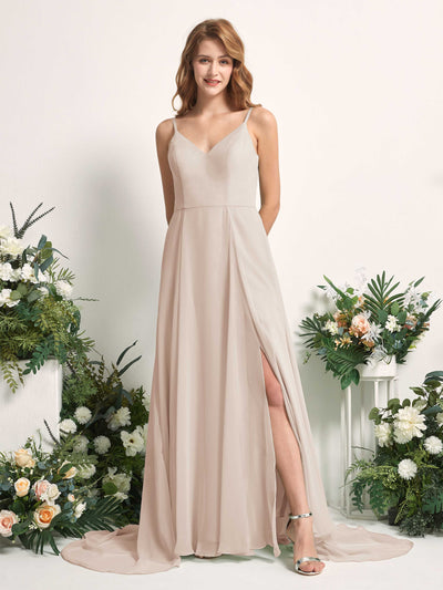 Carlyna A-Linien-Kleid mit V-Ausschnitt und Beinschlitz Bodenlang Brautjungfernkleid Champagner #farbe_champagner