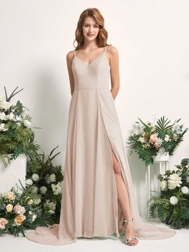 Carlyna A-Linien-Kleid mit V-Ausschnitt und Beinschlitz Bodenlang Brautjungfernkleid Champagner 