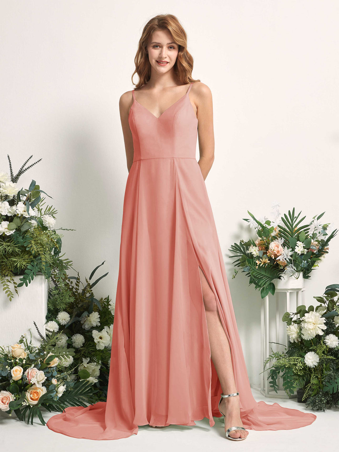 Carlyna A-Linien-Kleid mit V-Ausschnitt und Beinschlitz Bodenlang Brautjungfernkleid Champagner-Rose 