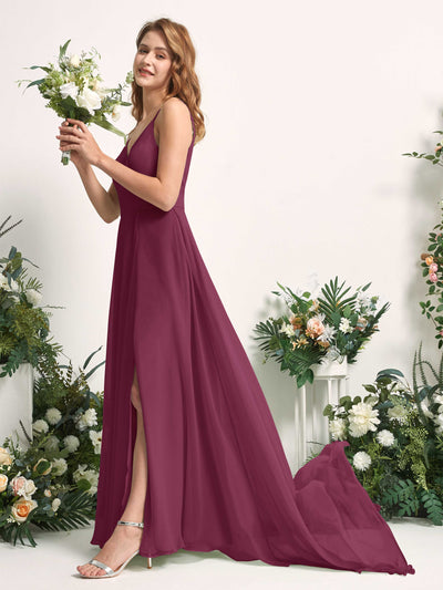 Carlyna A-Linien-Kleid mit V-Ausschnitt und Beinschlitz Bodenlang Brautjungfernkleid Chianti #farbe_chianti