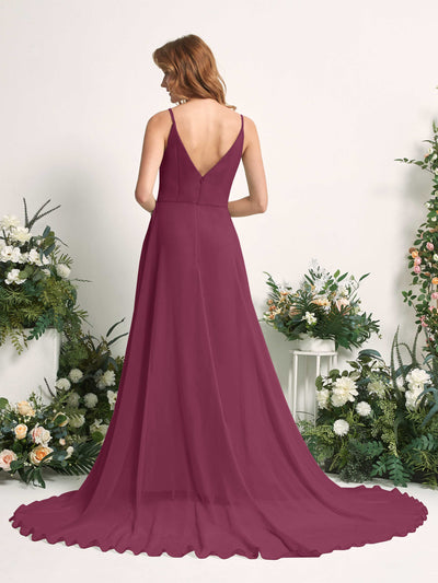 Carlyna A-Linien-Kleid mit V-Ausschnitt und Beinschlitz Bodenlang Brautjungfernkleid Chianti #farbe_chianti