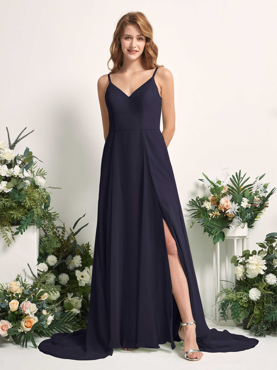 Carlyna A-Linien-Kleid mit V-Ausschnitt und Beinschlitz Bodenlang Brautjungfernkleid Dunkel Marineblau 