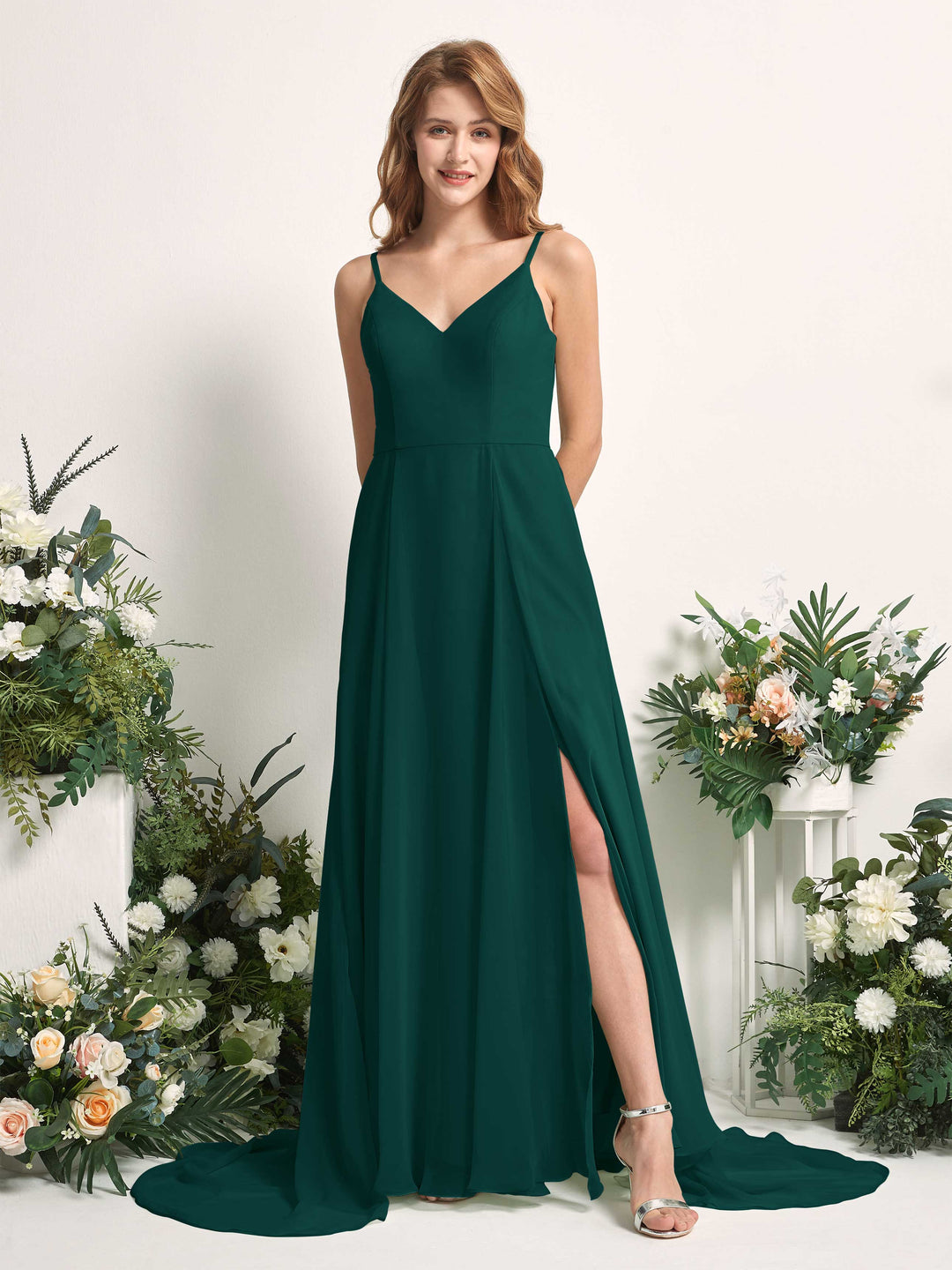 Carlyna A-Linien-Kleid mit V-Ausschnitt und Beinschlitz Bodenlang Brautjungfernkleid Dunkelsmaragd 