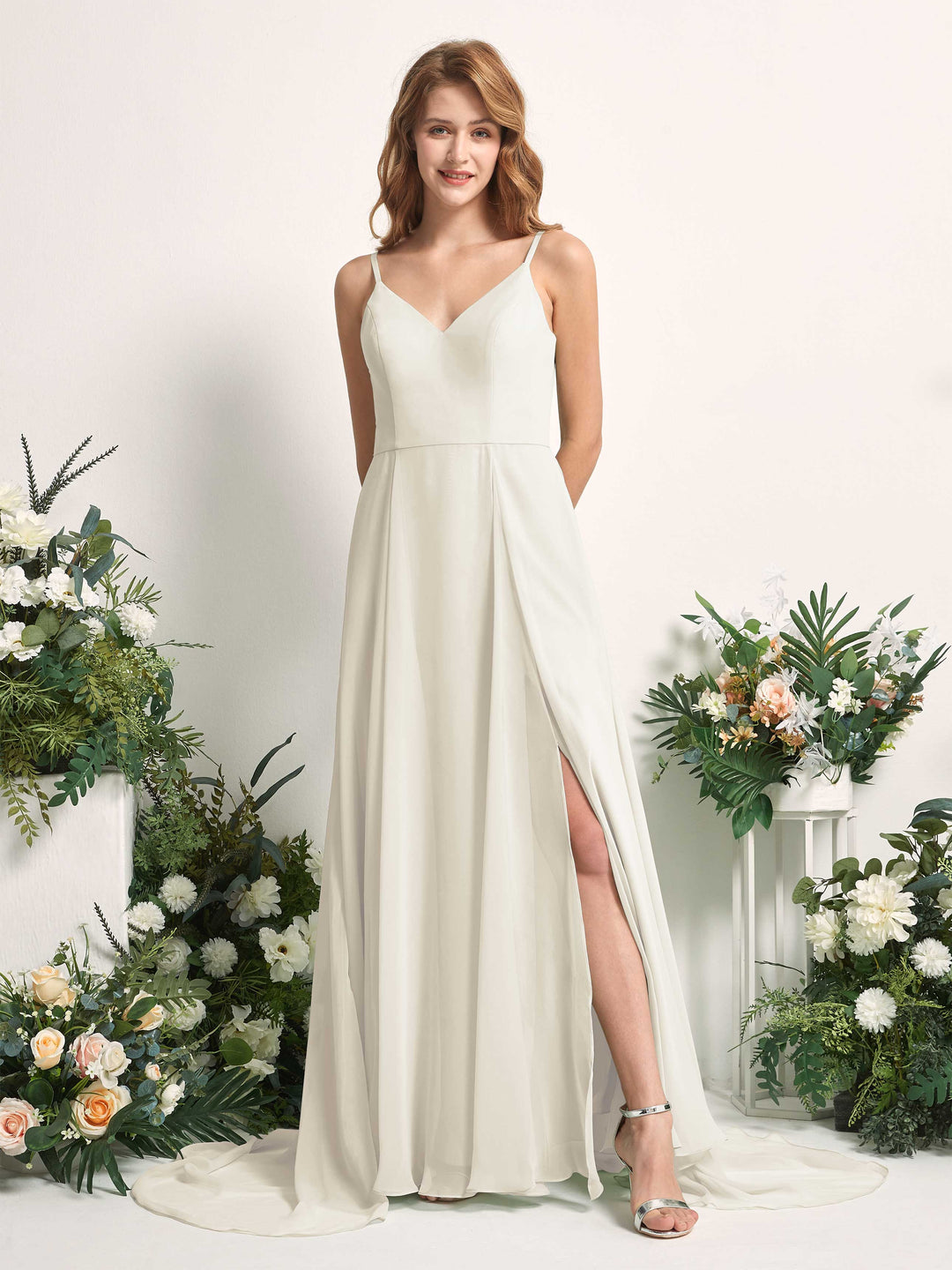 Carlyna A-Linien-Kleid mit V-Ausschnitt und Beinschlitz Bodenlang Brautjungfernkleid Elfenbein 