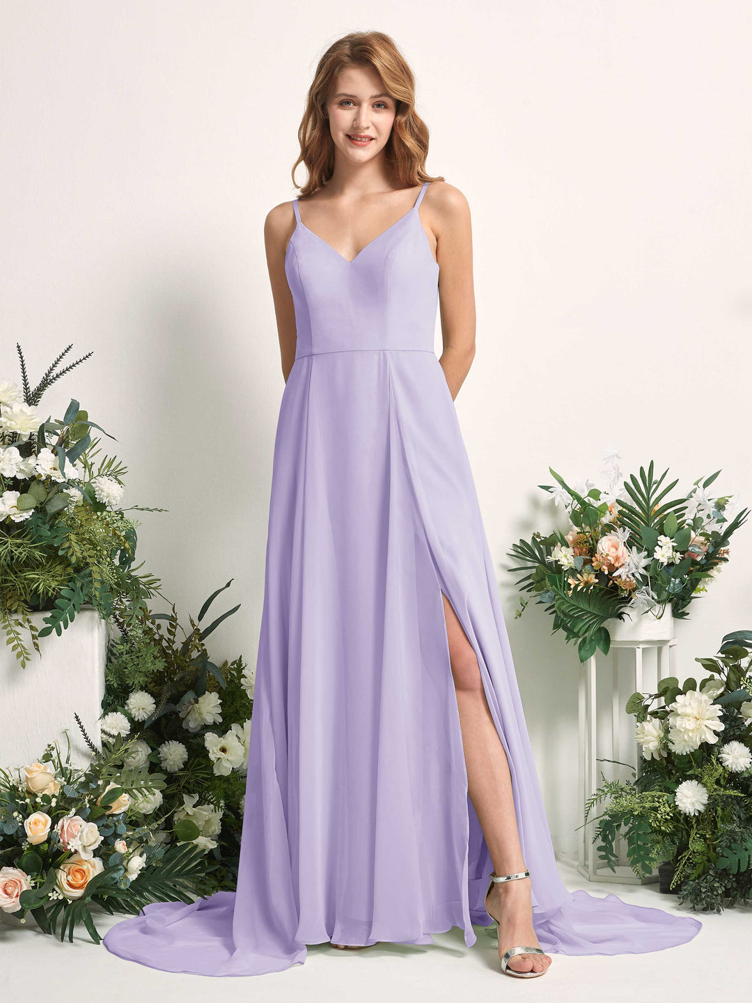 Carlyna A-Linien-Kleid mit V-Ausschnitt und Beinschlitz Bodenlang Brautjungfernkleid Flieder 