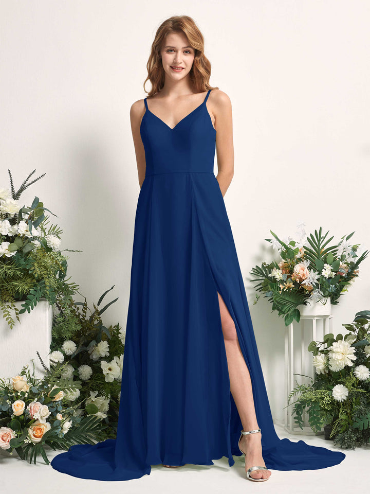 Carlyna A-Linien-Kleid mit V-Ausschnitt und Beinschlitz Bodenlang Brautjungfernkleid Königsblau 