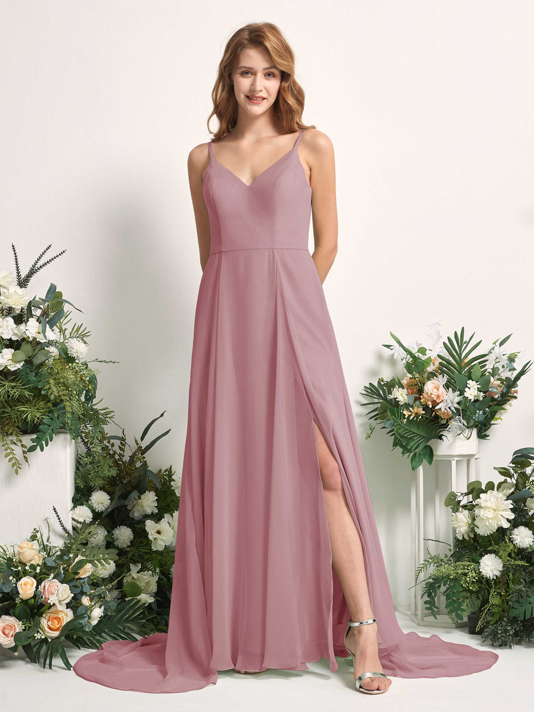 Carlyna A-Linien-Kleid mit V-Ausschnitt und Beinschlitz Bodenlang Brautjungfernkleid Klassisch Mauve 