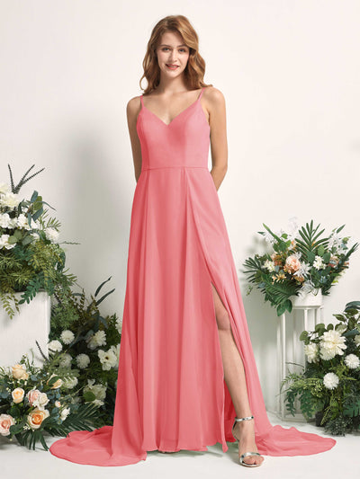 Carlyna A-Linien-Kleid mit V-Ausschnitt und Beinschlitz Bodenlang Brautjungfernkleid Korallenrosa #farbe_korallenrosa