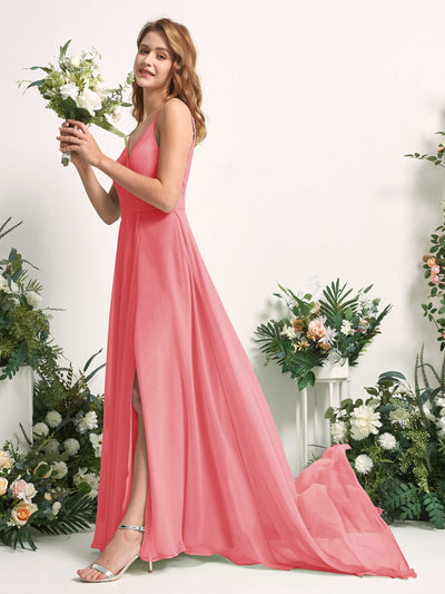 Carlyna A-Linien-Kleid mit V-Ausschnitt und Beinschlitz Bodenlang Brautjungfernkleid Korallenrosa #farbe_korallenrosa
