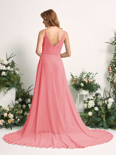 Carlyna A-Linien-Kleid mit V-Ausschnitt und Beinschlitz Bodenlang Brautjungfernkleid Korallenrosa #farbe_korallenrosa