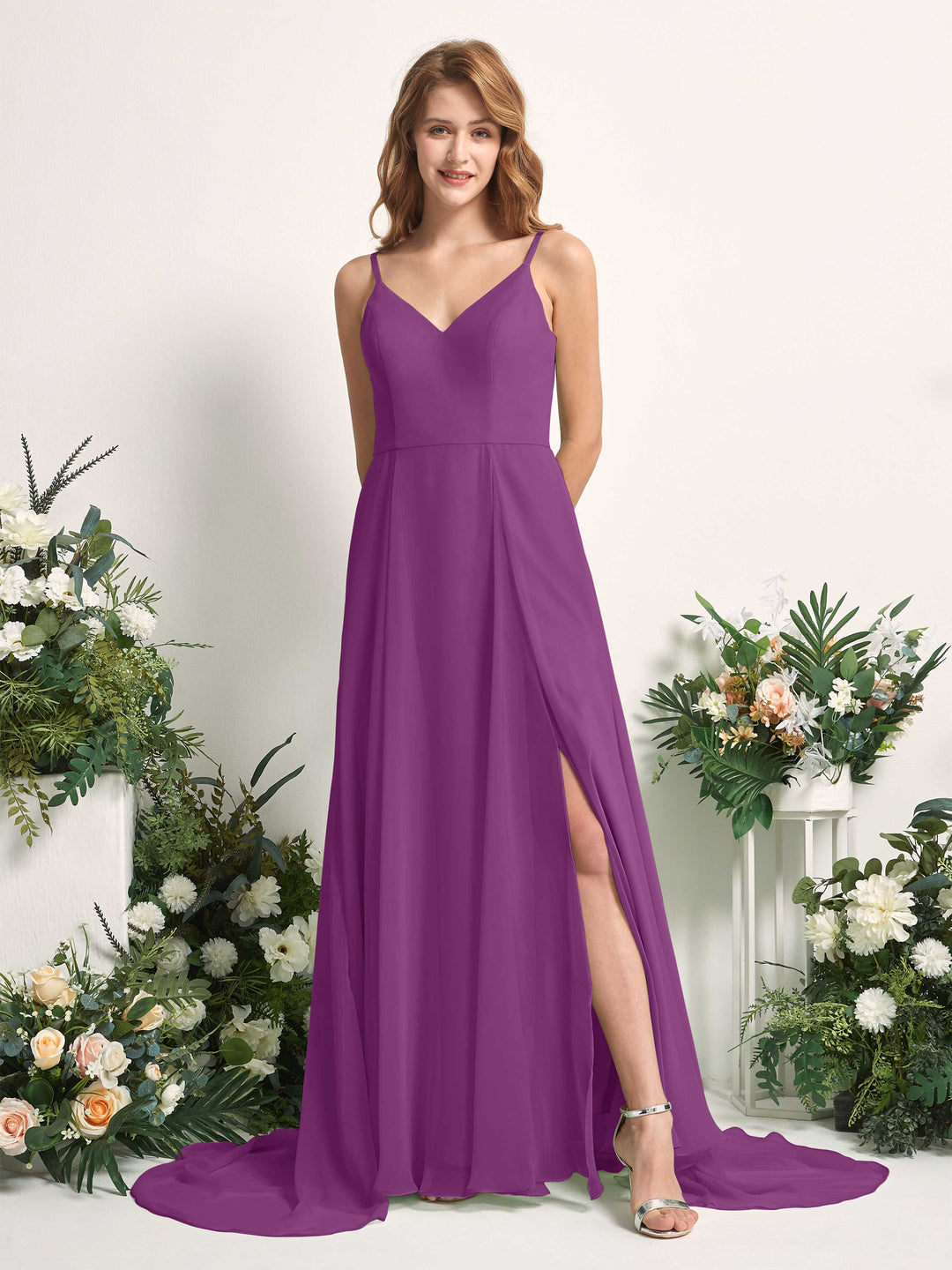 Carlyna A-Linien-Kleid mit V-Ausschnitt und Beinschlitz Bodenlang Brautjungfernkleid Lila 