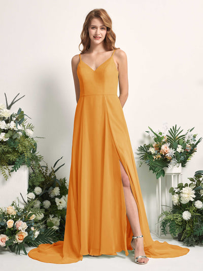 Carlyna A-Linien-Kleid mit V-Ausschnitt und Beinschlitz Bodenlang Brautjungfernkleid Mango #farbe_mango