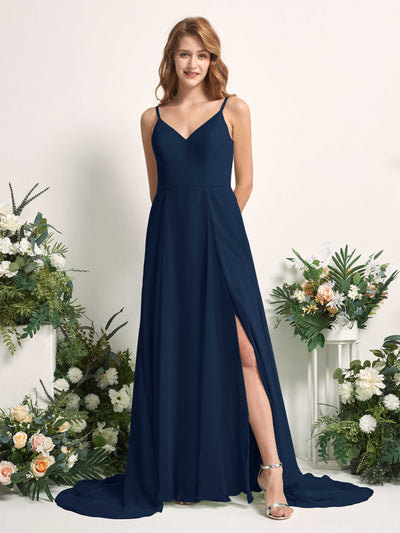Carlyna A-Linien-Kleid mit V-Ausschnitt und Beinschlitz Bodenlang Brautjungfernkleid Marineblau #farbe_marineblau