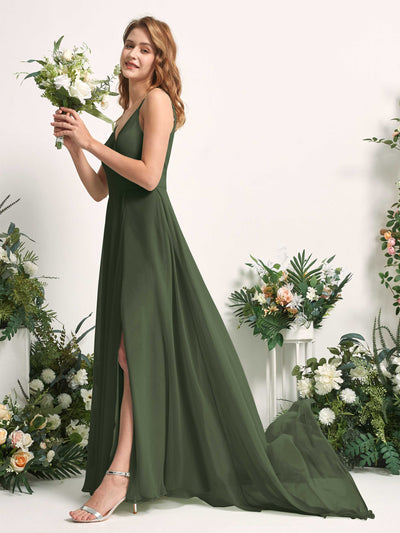 Carlyna A-Linien-Kleid mit V-Ausschnitt und Beinschlitz Bodenlang Brautjungfernkleid Martini-Olive #farbe_martini-olive