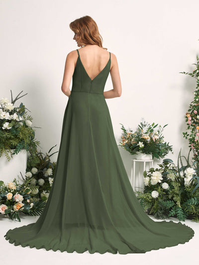 Carlyna A-Linien-Kleid mit V-Ausschnitt und Beinschlitz Bodenlang Brautjungfernkleid Martini-Olive #farbe_martini-olive