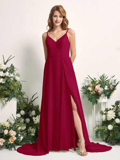 Carlyna A-Linien-Kleid mit V-Ausschnitt und Beinschlitz Bodenlang Brautjungfernkleid Narrenrot #farbe_narrenrot