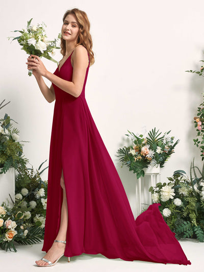 Carlyna A-Linien-Kleid mit V-Ausschnitt und Beinschlitz Bodenlang Brautjungfernkleid Narrenrot #farbe_narrenrot