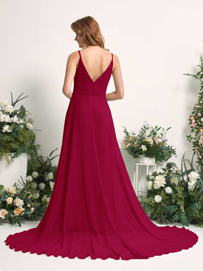 Carlyna A-Linien-Kleid mit V-Ausschnitt und Beinschlitz Bodenlang Brautjungfernkleid Narrenrot #farbe_narrenrot