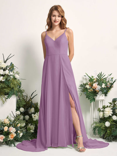 Carlyna A-Linien-Kleid mit V-Ausschnitt und Beinschlitz Bodenlang Brautjungfernkleid Orchideen-Nebel #farbe_orchideen-nebel