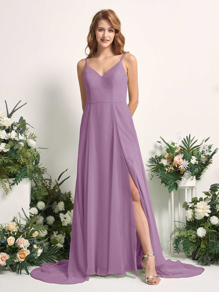 Carlyna A-Linien-Kleid mit V-Ausschnitt und Beinschlitz Bodenlang Brautjungfernkleid Orchideen-Nebel 