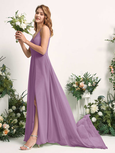 Carlyna A-Linien-Kleid mit V-Ausschnitt und Beinschlitz Bodenlang Brautjungfernkleid Orchideen-Nebel #farbe_orchideen-nebel