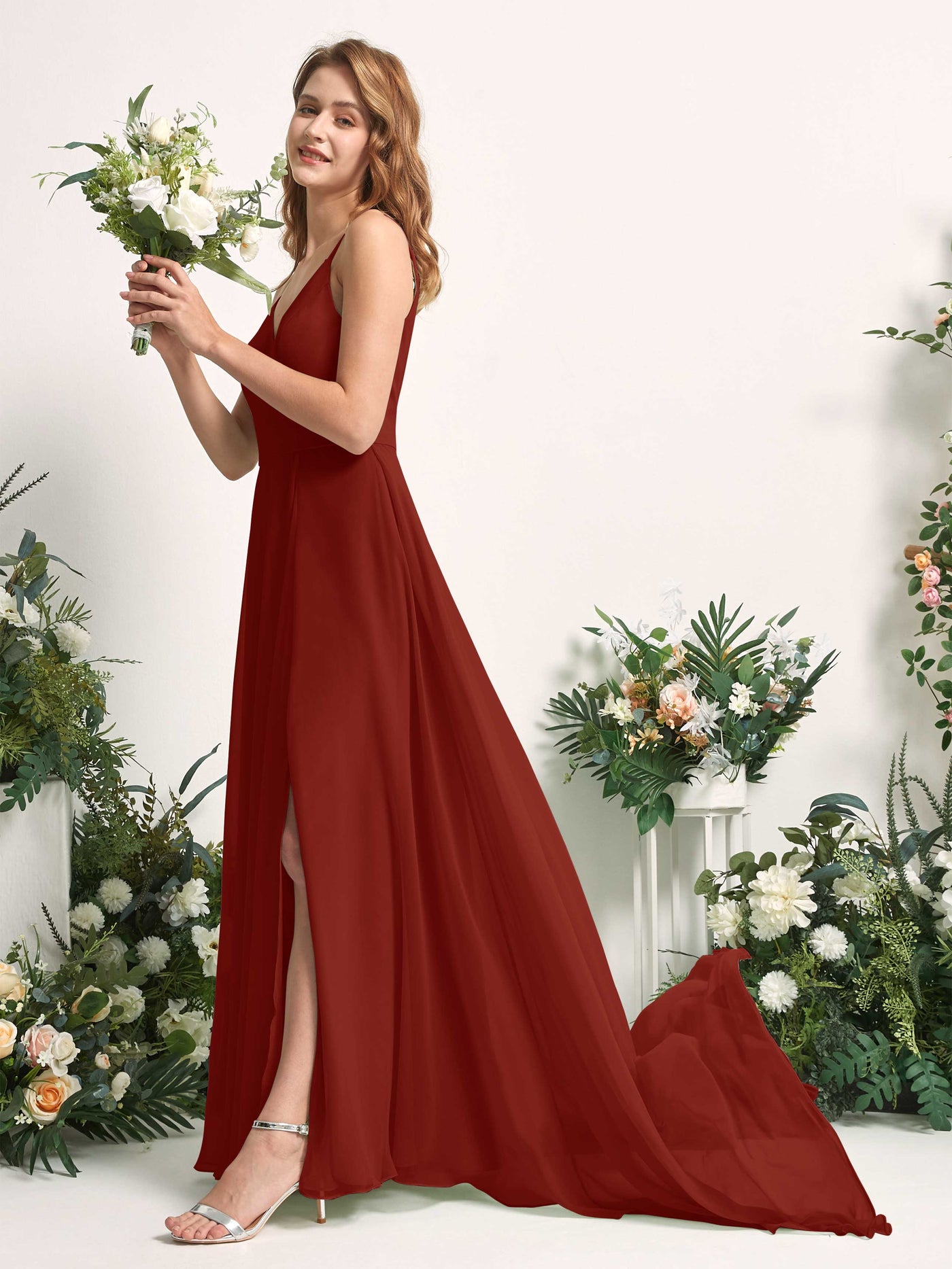 Carlyna A-Linien-Kleid mit V-Ausschnitt und Beinschlitz Bodenlang Brautjungfernkleid Rostrot #farbe_rostrot