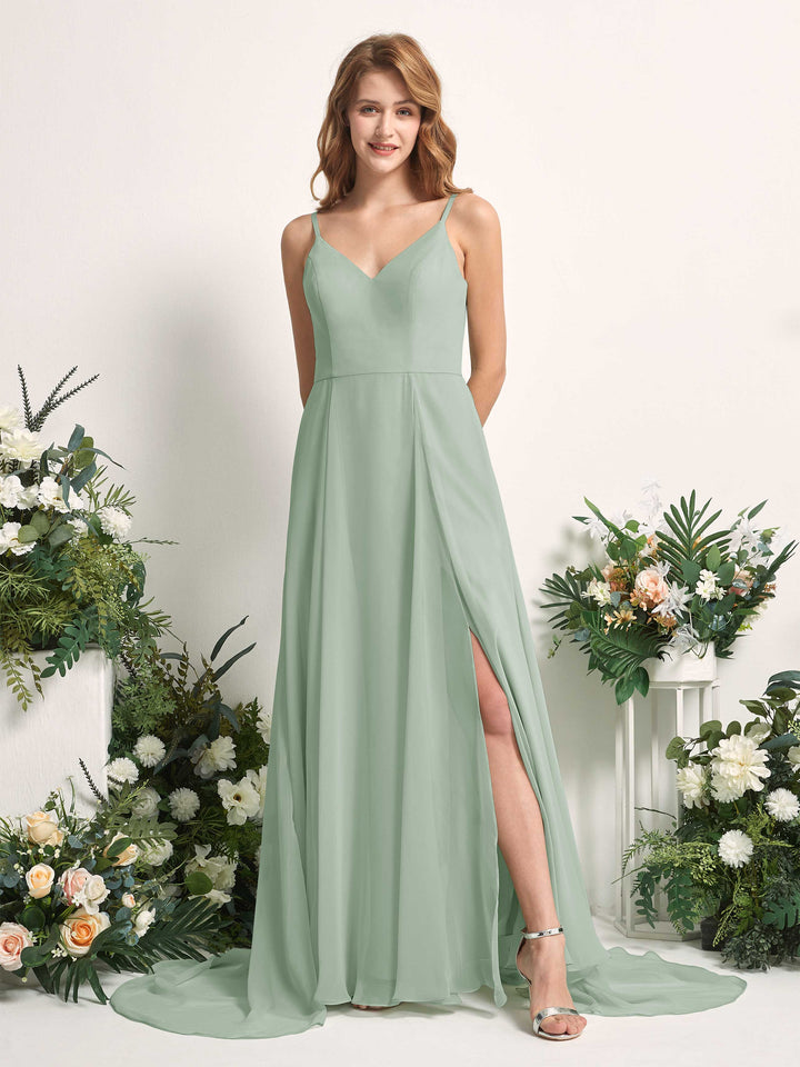 Carlyna A-Linien-Kleid mit V-Ausschnitt und Beinschlitz Bodenlang Brautjungfernkleid Salbeigrün 