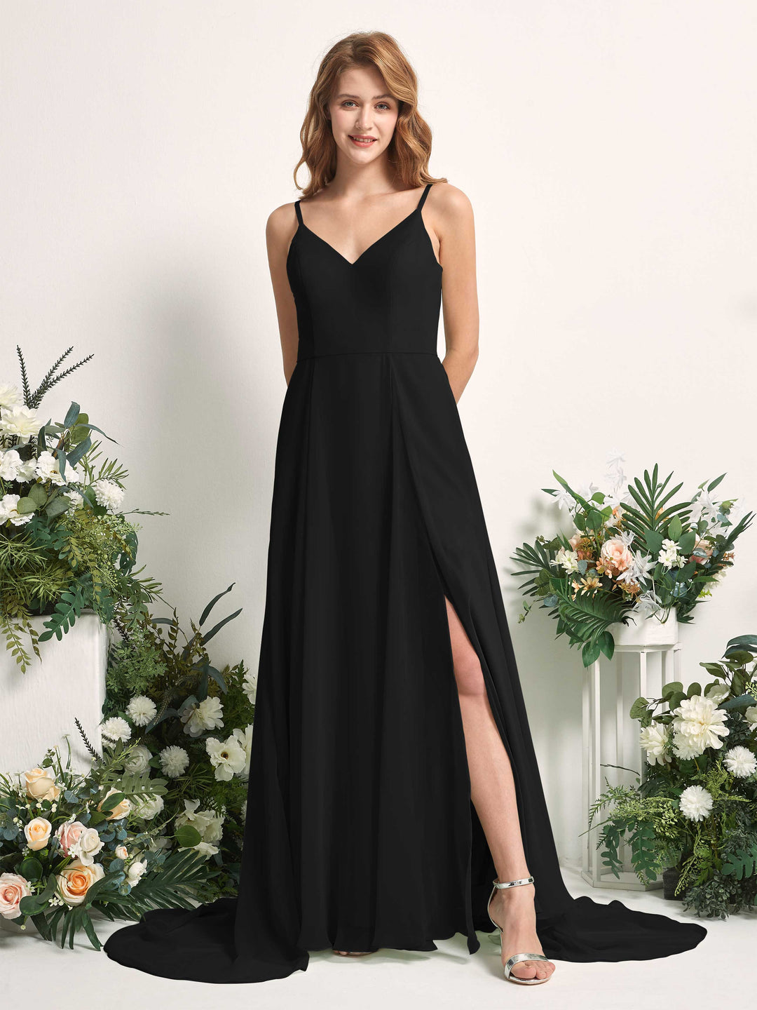 Carlyna A-Linien-Kleid mit V-Ausschnitt und Beinschlitz Bodenlang Brautjungfernkleid Schwarz 
