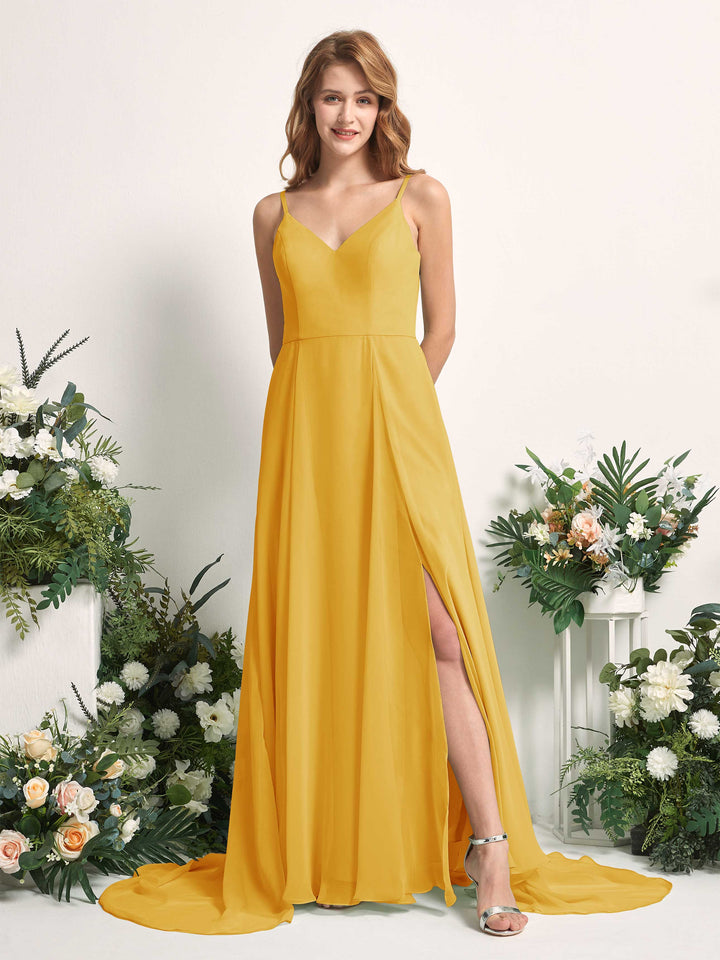 Carlyna A-Linien-Kleid mit V-Ausschnitt und Beinschlitz Bodenlang Brautjungfernkleid Senfgelb 