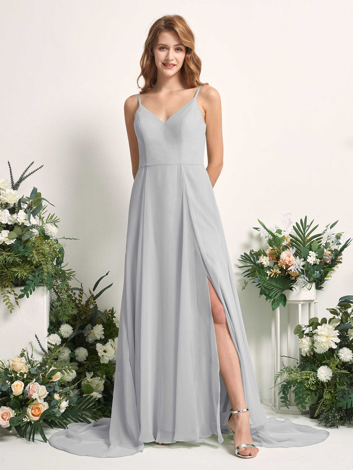 Carlyna A-Linien-Kleid mit V-Ausschnitt und Beinschlitz Bodenlang Brautjungfernkleid Silber 