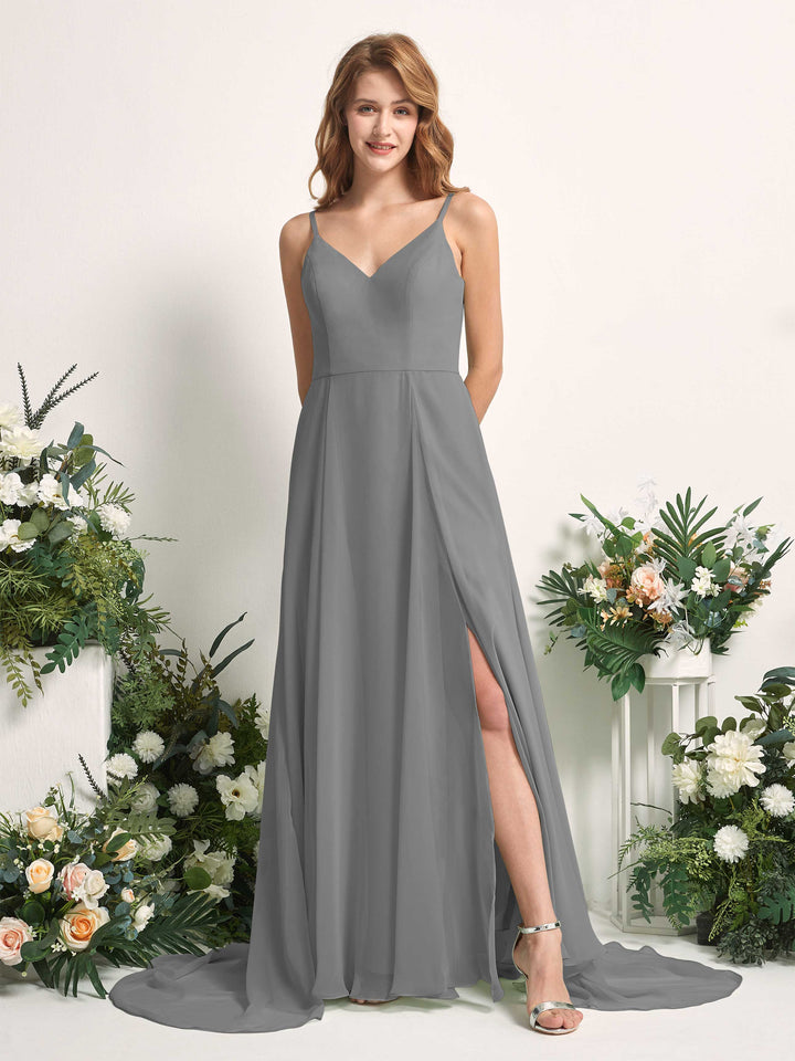 Carlyna A-Linien-Kleid mit V-Ausschnitt und Beinschlitz Bodenlang Brautjungfernkleid Stahlgrau 