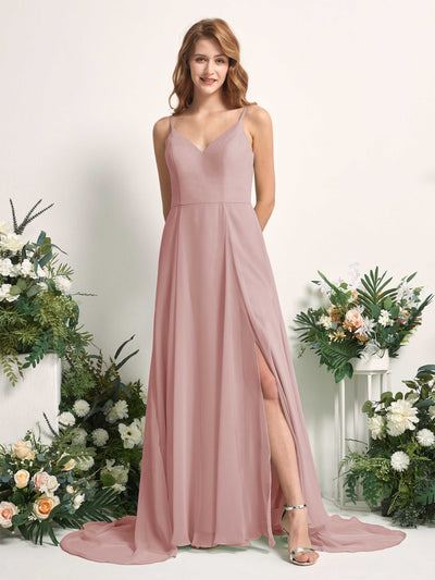 Carlyna A-Linien-Kleid mit V-Ausschnitt und Beinschlitz Bodenlang Brautjungfernkleid Staubige Rose #farbe_staubige-rose