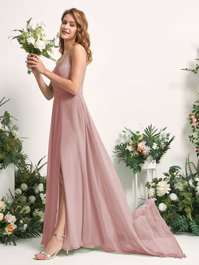 Carlyna A-Linien-Kleid mit V-Ausschnitt und Beinschlitz Bodenlang Brautjungfernkleid Staubige Rose #farbe_staubige-rose