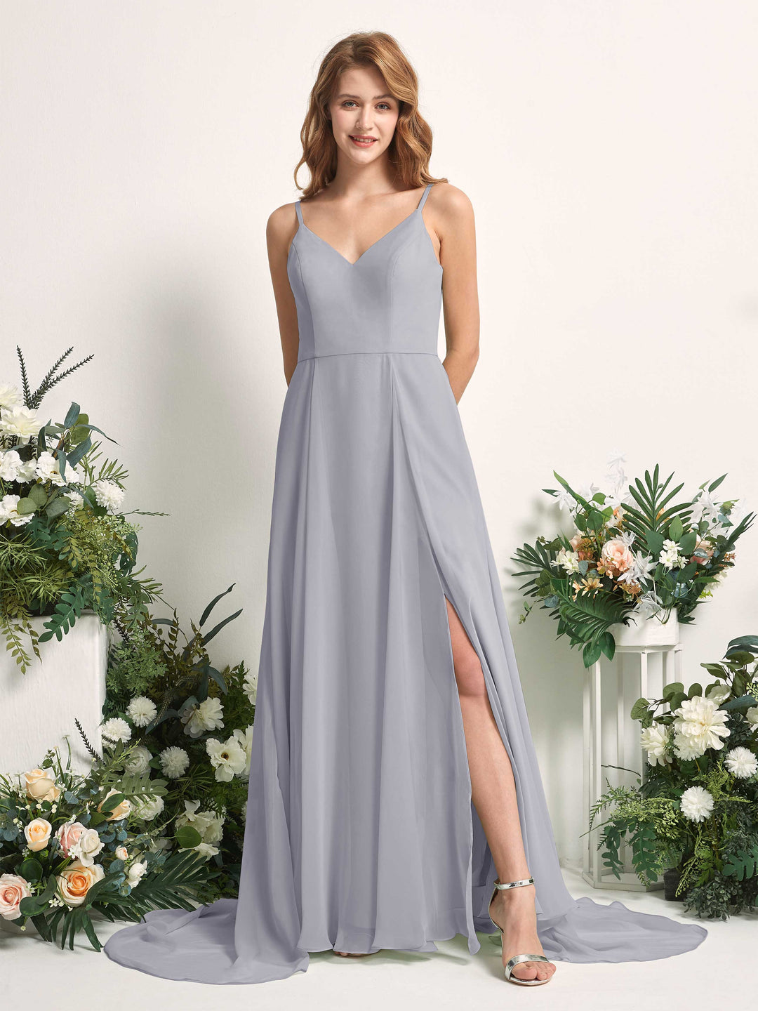 Carlyna A-Linien-Kleid mit V-Ausschnitt und Beinschlitz Bodenlang Brautjungfernkleid Staubiger Lavendel 