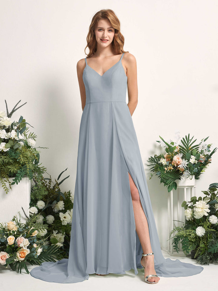 Carlyna A-Linien-Kleid mit V-Ausschnitt und Beinschlitz Bodenlang Brautjungfernkleid Staubiges Blau-Upgrade 