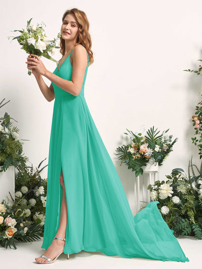 Carlyna A-Linien-Kleid mit V-Ausschnitt und Beinschlitz Bodenlang Brautjungfernkleid Tiffany-Blau #farbe_tiffany-blau