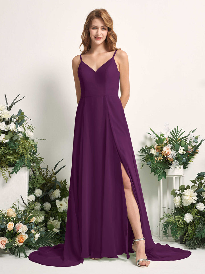 Carlyna A-Linien-Kleid mit V-Ausschnitt und Beinschlitz Bodenlang Brautjungfernkleid Traube 