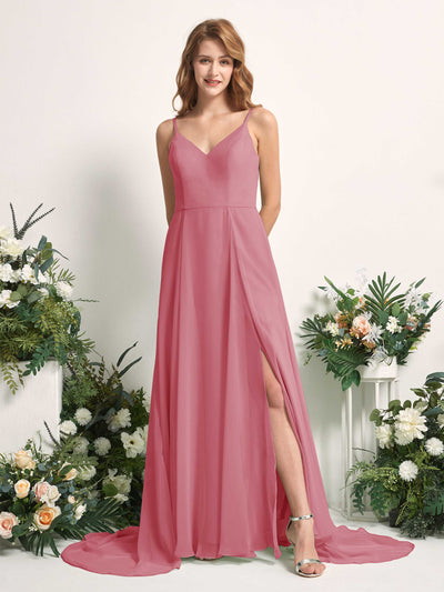 Carlyna A-Linien-Kleid mit V-Ausschnitt und Beinschlitz Bodenlang Brautjungfernkleid Wüstenrose #farbe_w-stenrose