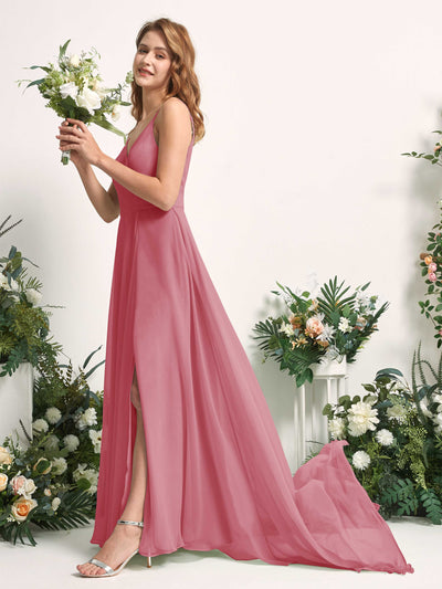 Carlyna A-Linien-Kleid mit V-Ausschnitt und Beinschlitz Bodenlang Brautjungfernkleid Wüstenrose #farbe_w-stenrose