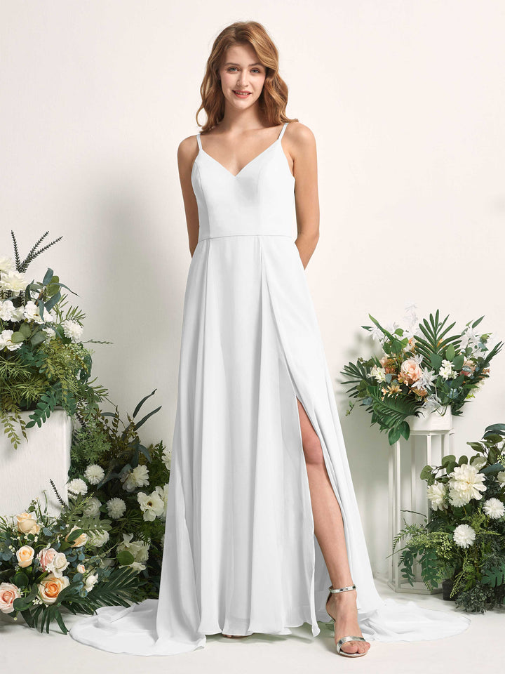 Carlyna A-Linien-Kleid mit V-Ausschnitt und Beinschlitz Bodenlang Brautjungfernkleid Weiß 