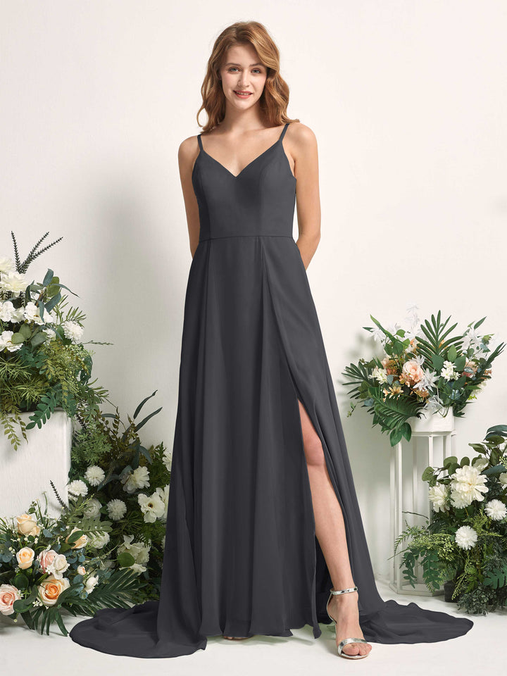 Carlyna A-Linien-Kleid mit V-Ausschnitt und Beinschlitz Bodenlang Brautjungfernkleid Zinnfarben 